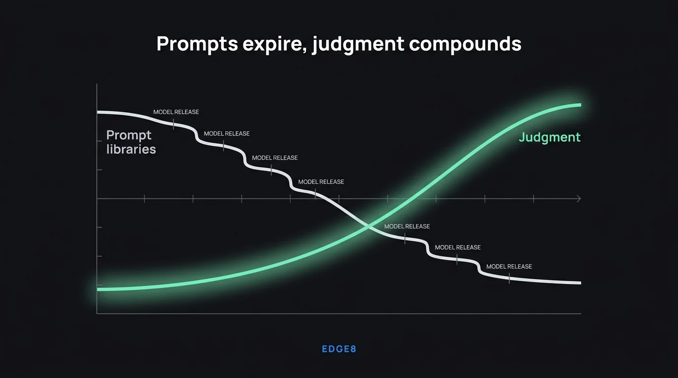 Two curves over time: prompt libraries step down in value at every model release while judgment compounds upward
